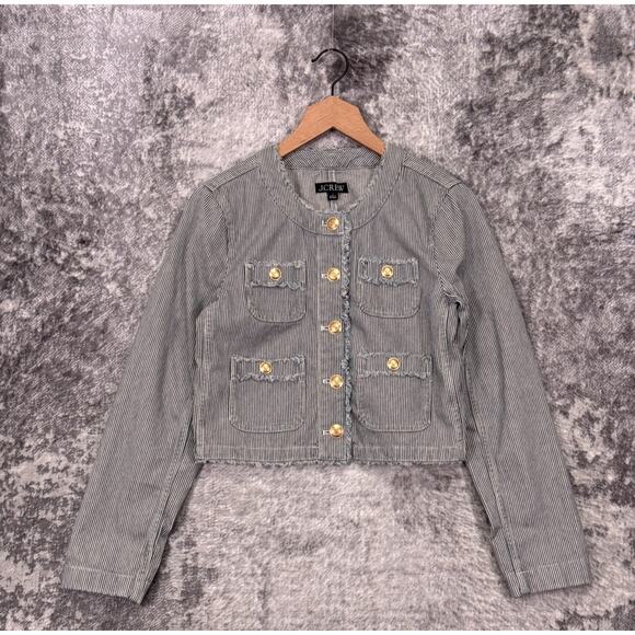 J Crew Lady Jacket 2 Womens Frayed Denim Cropped In Stripe - Picture 1 of 9